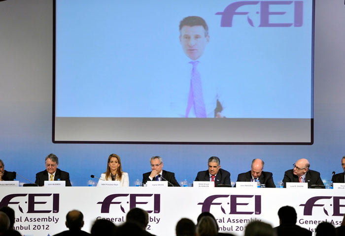 LOCOG Chairman Lord Sebastian Coe addressing the FEI General Assembly via video link
