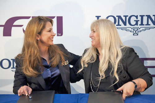FEI President HRH Princess Haya and Mrs Nayla Hayek, Chair of the Board of Directors of the Swatch Group, celebrate the signing of the historic multi-million Euro partnership between the FEI and the Swiss watchmaker Longines in Lausanne (SUI) today. (c) Sandro Campado/FEI