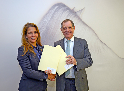 FEI President HRH Princess Haya and OIE Director General Dr Bernard Vallat, pictured at FEI headquarters in Lausanne, Switzerland, celebrate the start of a three-year plan for the safe international movement of sport horses. Photo: Edouard Curchod/FEI.  